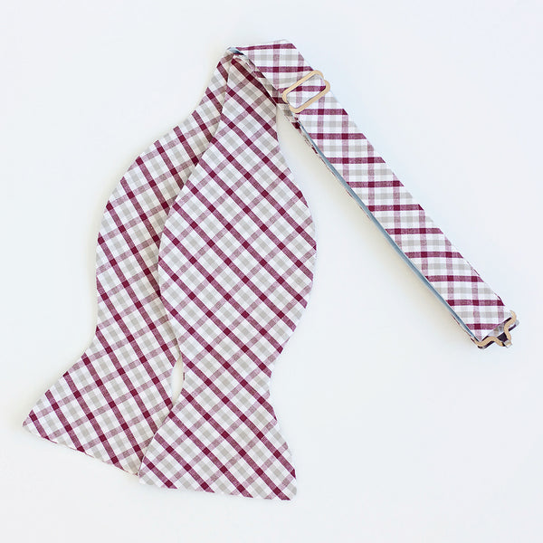 Men's Freestyle Self-Tie Bow Tie / Grey And Burgundy Plaid
