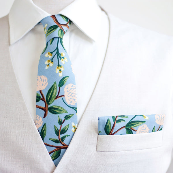 Men's Necktie / Peonies In Dusty Blue